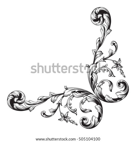 Vintage baroque corner scroll ornament engraving corner floral retro pattern antique style acanthus foliage swirl decorative design element filigree calligraphy. Element of Design.