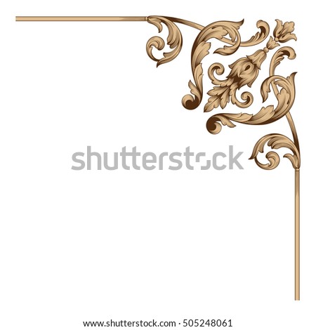 Vintage baroque corner scroll ornament engraving corner floral retro pattern antique style acanthus foliage swirl decorative design element filigree calligraphy. Isolated corner element of Design. 