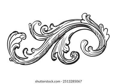 Vintage Baroque design element. Scroll decorative ornament. Sketch of ornate decor. Black and white calligraphic vector illustration. Old fashioned vignette ornament. For decoration, print and design.