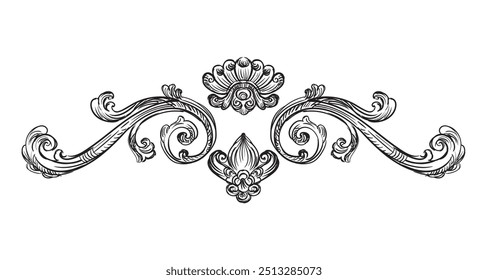 Elemento de diseño barroco Antiguas. Desplazarse adorno decorativo. Boceto de decoración ornamentada. Ilustración vectorial caligráfica en blanco y negro. Ornamento de viñeta anticuado. Para decoración, impresión y diseño.