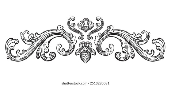 Vintage Baroque design element. Scroll decorative ornament. Sketch of ornate decor. Black and white calligraphic vector illustration. Old fashioned vignette ornament. For decoration, print and design.