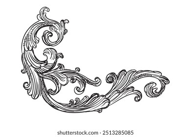 Vintage Baroque design element. Scroll decorative ornament. Sketch of ornate decor. Black and white calligraphic vector illustration. Old fashioned vignette ornament. For decoration, print and design.