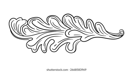 Antiguas elemento de diseño barroco hoja de desplazamiento. Adorno decorativo grabado en colores negro, blanco. Ilustración vectorial aislada. Monograma caligráfico de la filigrana para el diseño, impresión, tela, invitación, boda