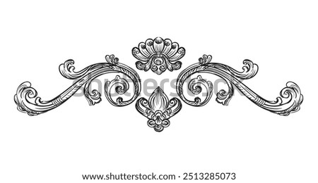 Vintage Baroque design element. Scroll decorative ornament. Sketch of ornate decor. Black and white calligraphic vector illustration. Old fashioned vignette ornament. For decoration, print and design.