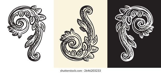 Vintage baroque design element set in three colors. Scroll engraved decorative ornament with leaves. Isolated vector illustration. Old fashioned vignette ornament. For decoration, print, design