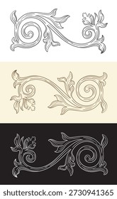 Elementos de design barroco vintage. Padrão retro botânico de rolo de ornamento gravado. Monograma decorativo de três cores. Ilustração vetorial caligráfica de filigrana. Para cartões, convite, design