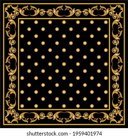 Vintage baroque element with polka dot on a black background. Vector design for textile, print and scarf. 