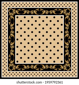 Vintage baroque element with polka dot on a black background. Vector design for textile, print and scarf. 