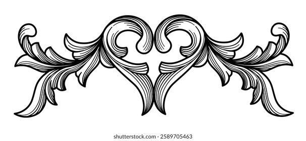 Vintage Baroque element symmetry design. Arabesque frame engraving ornament. Flourish ornament leaf engraved retro pattern decorative design. Black ink tattoo filigree calligraphic vector illustration