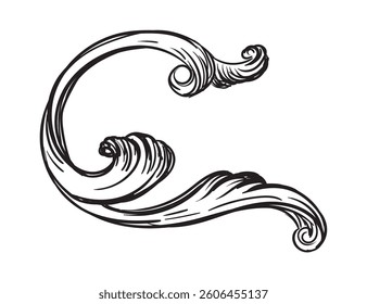Antiguas Barroco elemento de diseño grabado. Desplazarse adorno decorativo. Boceto de monograma adornado. Ilustración vectorial caligráfica negra. Ornamento de viñeta anticuado. Para la decoración, impresión, diseño