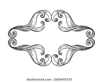 Vintage Baroque engraved design element. Scroll decorative ornament. Sketch of ornate monogram. Black calligraphic vector illustration. Old fashioned vignette ornament. For decoration, print, design