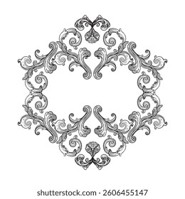 Vintage Baroque engraved design element. Scroll decorative ornament. Sketch of ornate monogram. Black calligraphic vector illustration. Old fashioned vignette ornament. For decoration, print, design