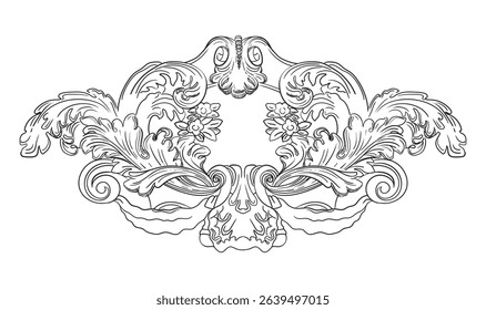 Vintage baroque engraved design element. Scroll decorative ornament with flowers, leaves and drapery. Black outline vector illustration. Old fashioned vignette ornament. For decoration, print, design