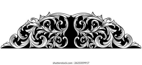 Vintage Baroque engraved divider element. Arabesque border frame engraving ornament. Flourish filigree ornamental decorative design. Oriental art deco calligraphic hand drawing vector