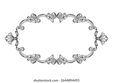 Vintage baroque engraved frame design element. Scroll decorative ornament. Sketch of ornate border. Black calligraphic vector illustration. Old fashioned vignette. For decoration, print, design