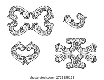 Vintage Barock graviert Satz von Design-Elemente. Scroll dekorative Ornament. Skizze eines kunstvollen Monogramms. Kalligrafische Vektorgrafik. Handzeichnung Vignette Ornament. Für Dekoration, Druck, Design