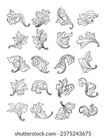 Vintage baroque engraving floral scroll ornament in line style