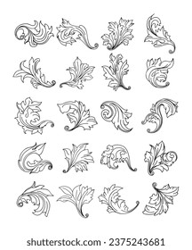 Vintage baroque engraving floral scroll ornament in line style