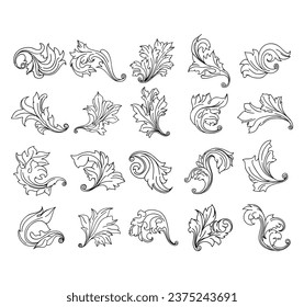 Vintage baroque engraving floral scroll ornament in line style