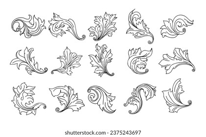 Vintage baroque engraving floral scroll ornament in line style