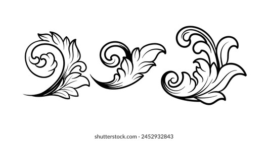 Vintage baroque engraving floral scroll ornament in line style