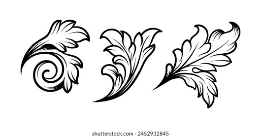 Vintage baroque engraving floral scroll ornament in line style