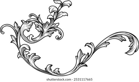 Grabado barroco de Antiguas, florecer, filigrana, Ilustración vectorial de ornamento de rollo floral. Florecer adorno decorativo grabado en color negro aislado sobre fondo blanco