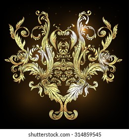 Vintage baroque floral design in gold. Ornate vector decoration. Luxury, royal and Victorian concept. Golden element isolated on black.