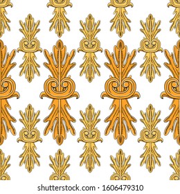 Vintage baroque floral elements. Separate yellow and orange elements on a white background. Seamless pattern suitable for textiles and paper.