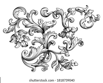 Vintage Baroque floral frame border Victorian flower ornament scroll engraved retro pattern decorative design tattoo black and white filigree calligraphic vector heraldic shield swirl leaf monogram