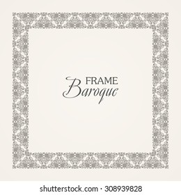 Vintage baroque floral frame. Vector black and white illustration