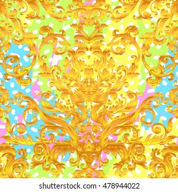 Vintage baroque floral  pattern in gold over neon colors. Ornate vector decoration. Luxury, royal and Victorian concept.  Luxury kitsch. Fabric design, wrapping paper, textile.