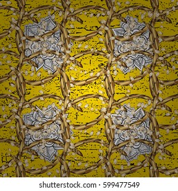 Vintage baroque floral pattern in gold over yellow. Ornate vector decoration. Luxury, royal and Victorian concept. Golden element on yellow background.