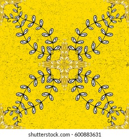 Vintage baroque floral pattern in gold over yellow. Luxury, royal and Victorian concept. Golden element on yellow background. Ornate vector decoration.