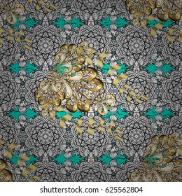 Vintage baroque floral pattern in gold over blue. Ornate vector decoration. Luxury, royal and Victorian concept. Golden element on blue background.