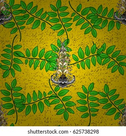 Vintage baroque floral pattern in gold over. Golden element on yellow background. Ornate vector decoration. Luxury, royal and Victorian concept.
