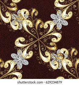 Vintage baroque floral pattern in gold over brown. Ornate vector decoration. Luxury, royal and Victorian concept. Golden element on brown background.