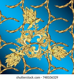 Vintage baroque floral pattern in gold over blue, yellow and brown. Ornate vector decoration. Luxury, royal and Victorian concept. Golden element