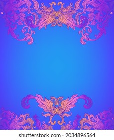 Vintage baroque floral patterned frame in bright neon colors. 1980s style. Ornate vector decoration. Luxury, royal and Victorian concept. Vintage design. Heraldic floral texture.