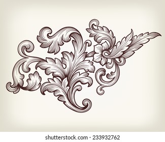 Vintage baroque floral scroll foliage ornament filigree engraving retro style design element vector