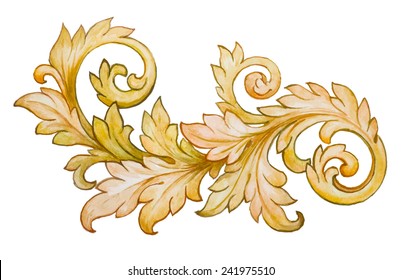 Vintage Baroque Floral Scroll Foliage Ornament Watercolor Golden Retro Style Design Element Vector