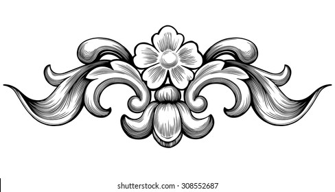 Vintage baroque floral scroll foliage ornament filigree engraving retro style design element vector