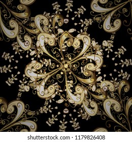 Vintage baroque floral seamless pattern in gold over black, beige and brown. Ornate vector decoration. Golden element on black, beige and brown colors. Luxury, royal and Victorian concept.