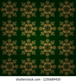 Vintage baroque floral seamless pattern in gold over green. Golden elements isolated on green background. Ornate vector decoration. Luxury, royal and Victorian concept.