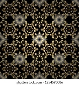 Vintage baroque floral seamless pattern in gold over black. Ornate vector decoration. Golden element on black colors. Luxury, royal and Victorian concept.