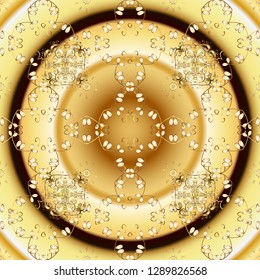 Vintage baroque floral seamless pattern in gold over yellow and beige. Luxury, royal and Victorian concept. Golden element on yellow and beige colors. Ornate vector decoration.