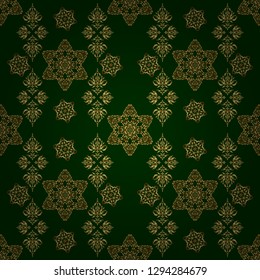 Vintage baroque floral seamless pattern in gold over green. Luxury, royal and Victorian concept. Golden elements isolated on green background. Ornate vector decoration.