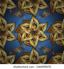 Vintage baroque floral seamless pattern in gold over blue and yellow. Ornate vector decoration. Golden element on blue and yellow colors. Luxury, royal and Victorian concept.