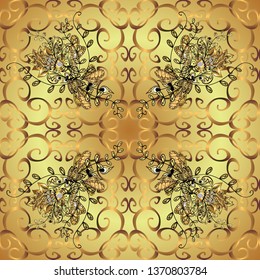 Vintage baroque floral seamless pattern in gold over yellow and neutral. Golden element on yellow and neutral colors. Ornate vector decoration. Luxury, royal and Victorian concept.