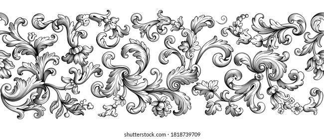 Vintage Baroque Floral Seamless Pattern Frame Border Victorian Flower Ornament Scroll Engraved Retro Decorative Design Tattoo Black And White Filigree Calligraphic Vector Heraldic Shield Swirl Leaf